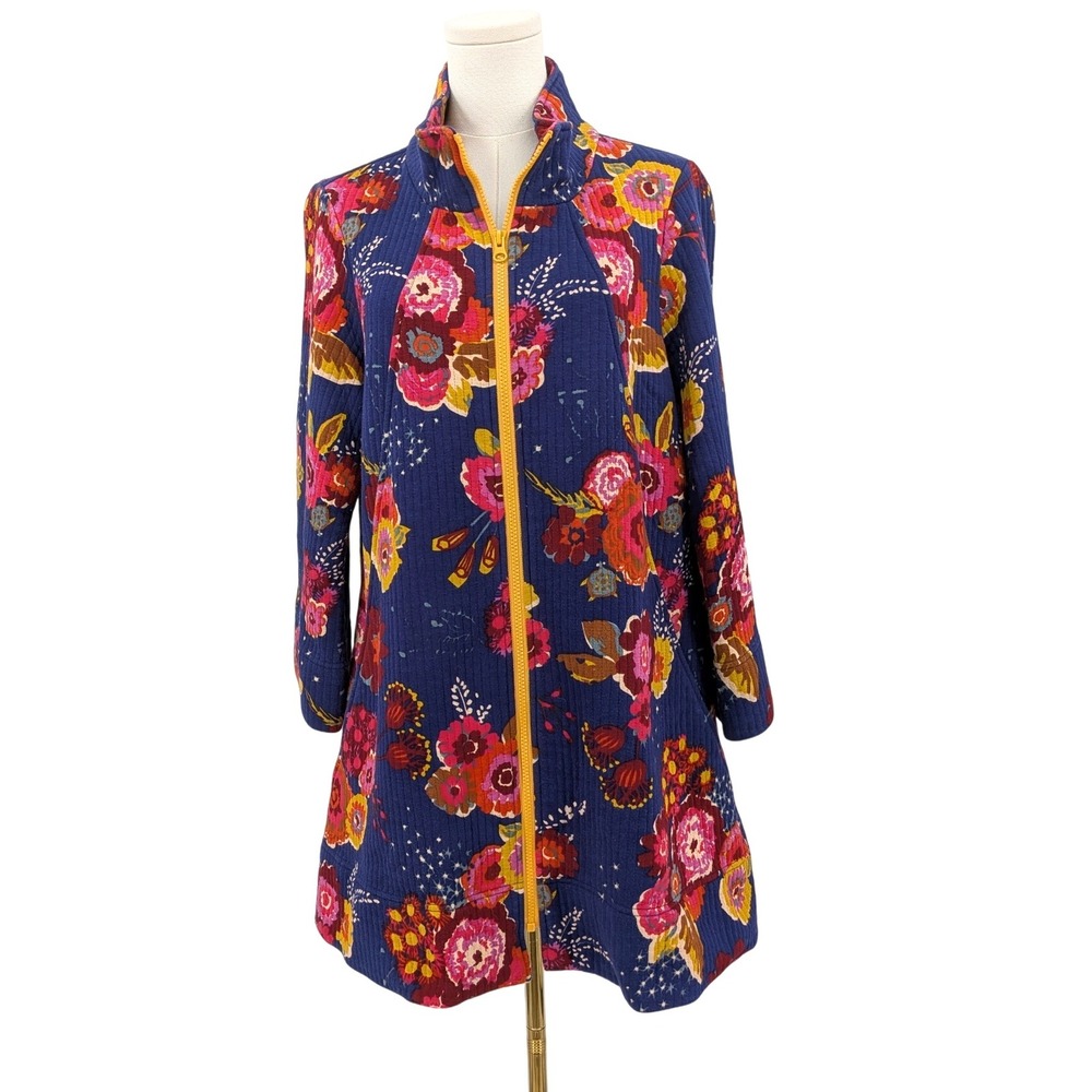 Boho Quilted Floral Jacket Navy Pink Gold Cottage Fall Art Uncle Frank Sz M